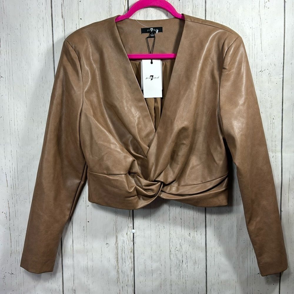 7 For All Mankind Faux Leather Jacket L Tan Twist Front Cropped Modern Chic